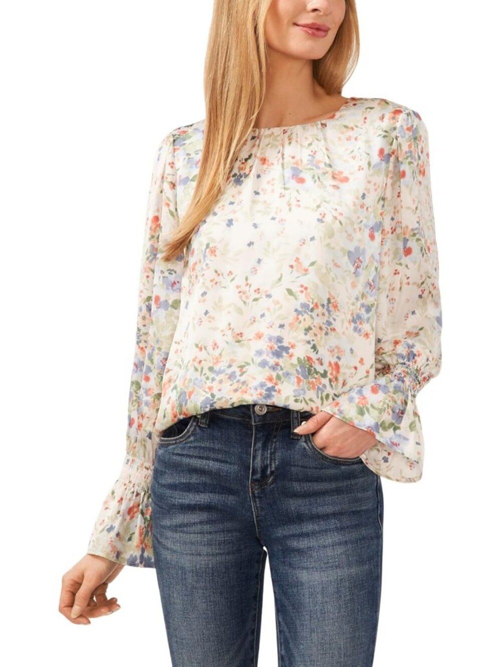 Chic Long Sleeve Smocked Cuff Crew Neck Blouse - Perfect for Any Occasion